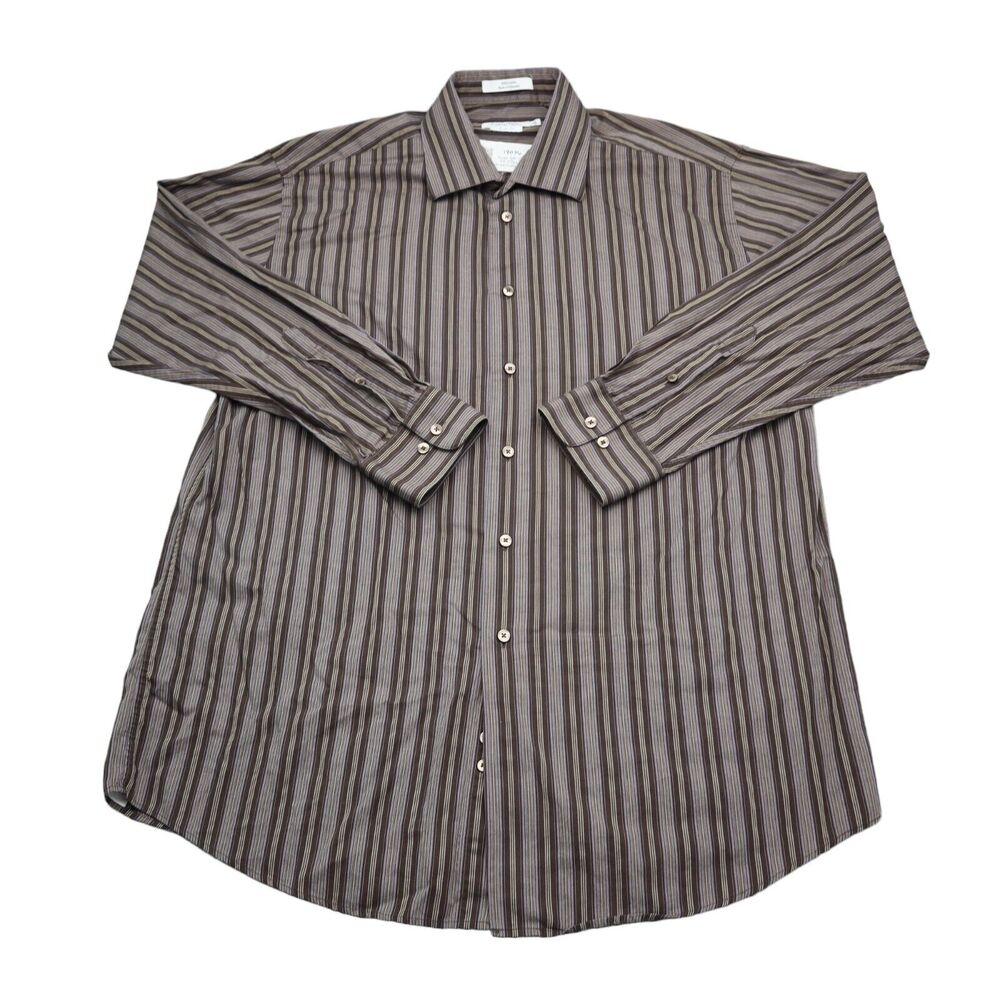 Calvin Klein Shirt Mens 17 Brown Striped Slim Fit Spread Collar Dress Button Up